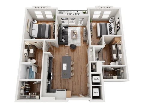 Floor plan for 2 beds, 2 baths, 1050 sqft